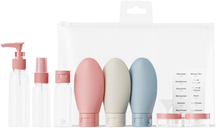 Silicone Travel Bottle Set,Squeezable Containers Set,10 Pcs Silicone Travel Containers,For shampoo,soap,body Wash,Refillable Bottles,Leak Proof Travel Essentials (Pink)