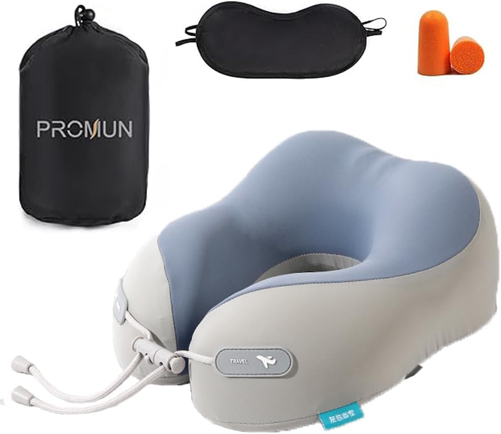 PROMUN Travel Pillow 100% Pure Memory Foam Travel Neck Pillow, Traveling Pillow for Airplane、Car、Home、Office (Grey)