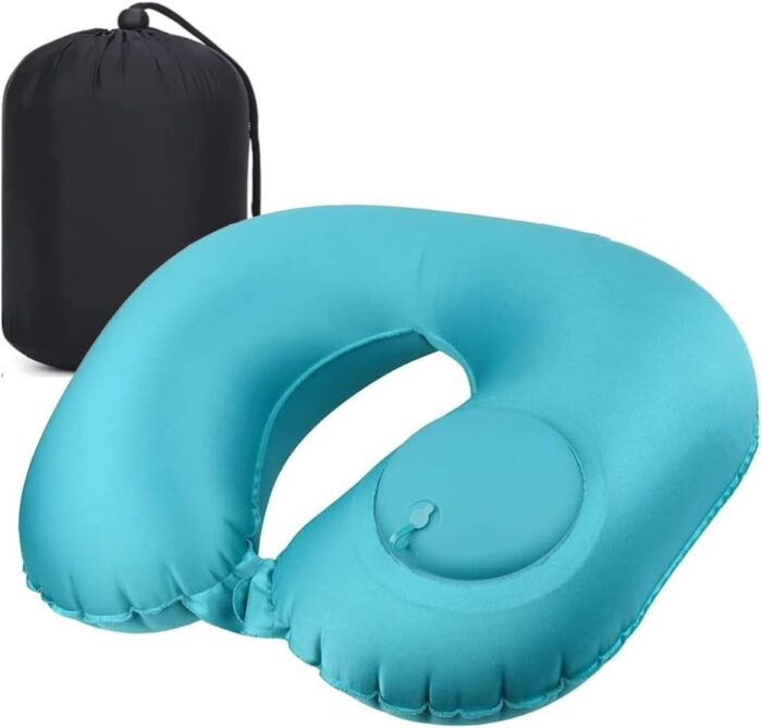 Inflatable Travel Pillow with Built-in Pump - Portable Neck Pillow Fast Blow Up Neck Cushion with Comfy Elasticity Fabric for Neck Support Sleep Rest Airplane Car Office Outdoor & etc. - Green, TZX01