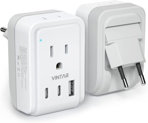 1 Pack European Travel Plug Adapter, VINTAR Foldable International Power Plug with 2 AC Outlets 3 USB Ports(2 USB C), Type C Travel Essentials Charger for Canada to Most of Europe Italy Spain France