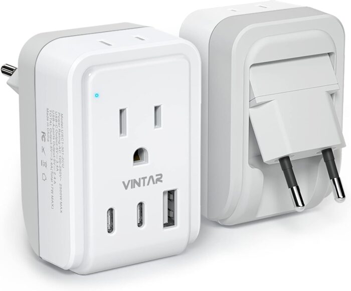 1 Pack European Travel Plug Adapter, VINTAR Foldable International Power Plug with 2 AC Outlets 3 USB Ports(2 USB C), Type C Travel Essentials Charger for Canada to Most of Europe Italy Spain France
