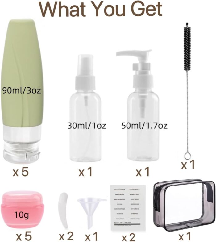 19PCS Silicone Travel Bottles Set for Toiletries, Leak Proof Refillable Squeezable Containers Travel Containers 90ml 3oz for Shampoo Conditioner Lotion Liquids Travel Containers with Storage Bag Tag - Image 5