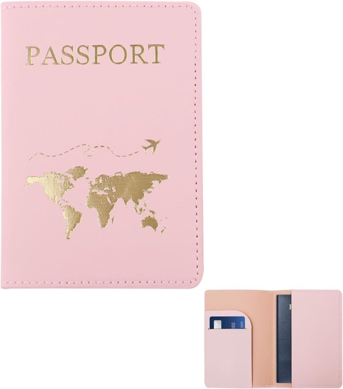 FuninCrea Passport Holder, PU Leather Passport Cover Travel Wallet with Multiple Slots, Slim Passport Wallet with Golden Pattern for Passport, Business Cards, Credit Cards, Boarding Passes (Pink)