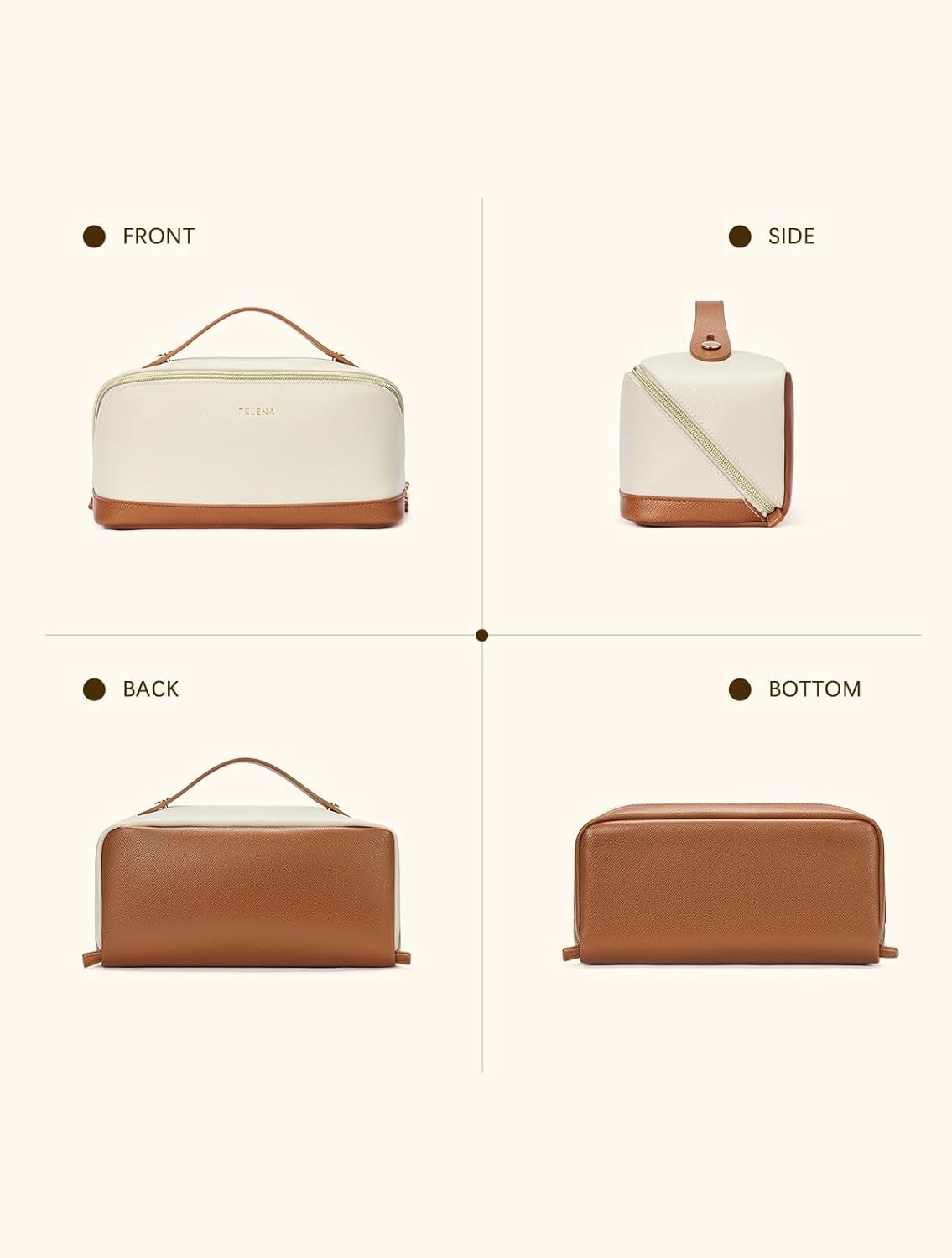 Telena Makeup Bag Large Capacity Travel Cosmetic Bag Portable PU Leather Waterproof Makeup Organizer Bags for Women with Handle and Divider Open Flat Beige with Brown - Image 6