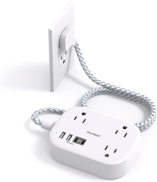 Travel Power Bar with USB C, Cruise Ship Essentials, Flat Plug Extension Cord with 3 Outlets 4 USB Ports(2 USB C), 5 ft Desk Wall Outlet Extender, Non Surge Protector for Cruise, Dorm Room, ETL