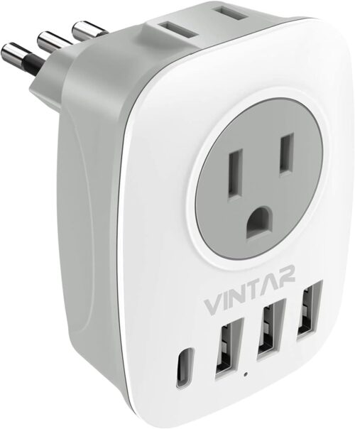 1 Pack Italy Travel Plug Adapter, VINTAR Grounded Power Adapter with 1 USB C, 2 American Outlets and 3 USB Ports, 6 in 1 International Power Adapter for Canada to Italy Uruguay Chile (Type L)