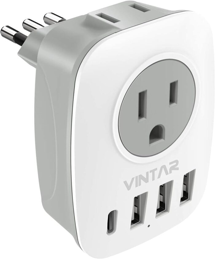 1 Pack Italy Travel Plug Adapter, VINTAR Grounded Power Adapter with 1 USB C, 2 American Outlets and 3 USB Ports, 6 in 1 International Power Adapter for Canada to Italy Uruguay Chile (Type L)