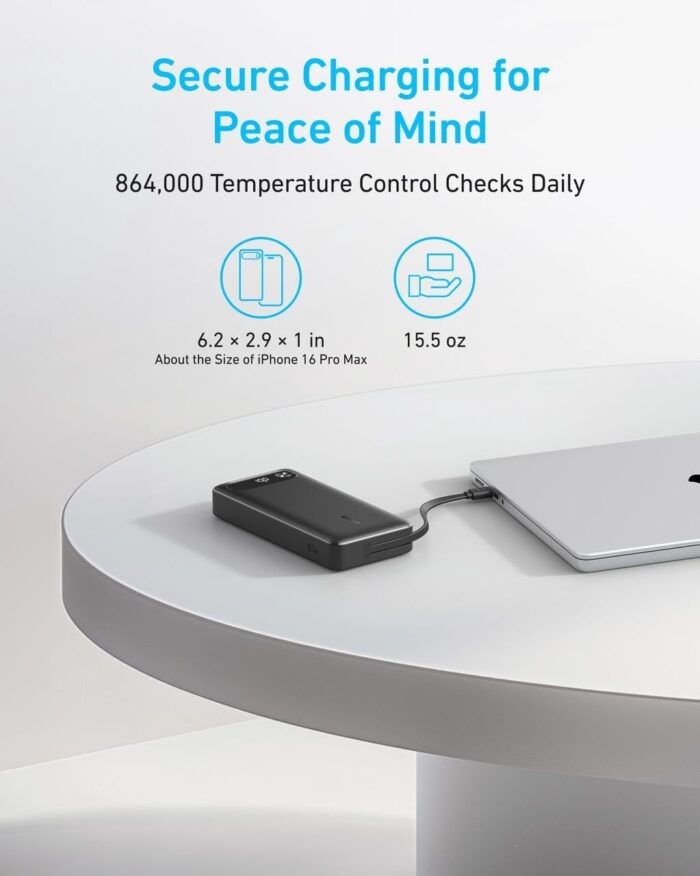 ANKER Power Bank, 20,000mAh Travel Essential Portable Charger with Built-in USB-C Cable, 3-Port 87W Max Fast Charging Battery Pack, for MacBook, iPhone 17/16/15 Series, Samsung, Switch, and More - Image 6