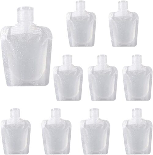 10 Pieces Flat Travel Bottles for Toiletries, Travel Size Refillable Empty Squeeze Pouch, Stand Up Transparent Leak Proof Squeezable Bag for Toiletry Lotion Shampoo Shower Gel, 30ML