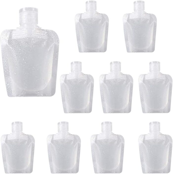 10 Pieces Flat Travel Bottles for Toiletries, Travel Size Refillable Empty Squeeze Pouch, Stand Up Transparent Leak Proof Squeezable Bag for Toiletry Lotion Shampoo Shower Gel, 30ML