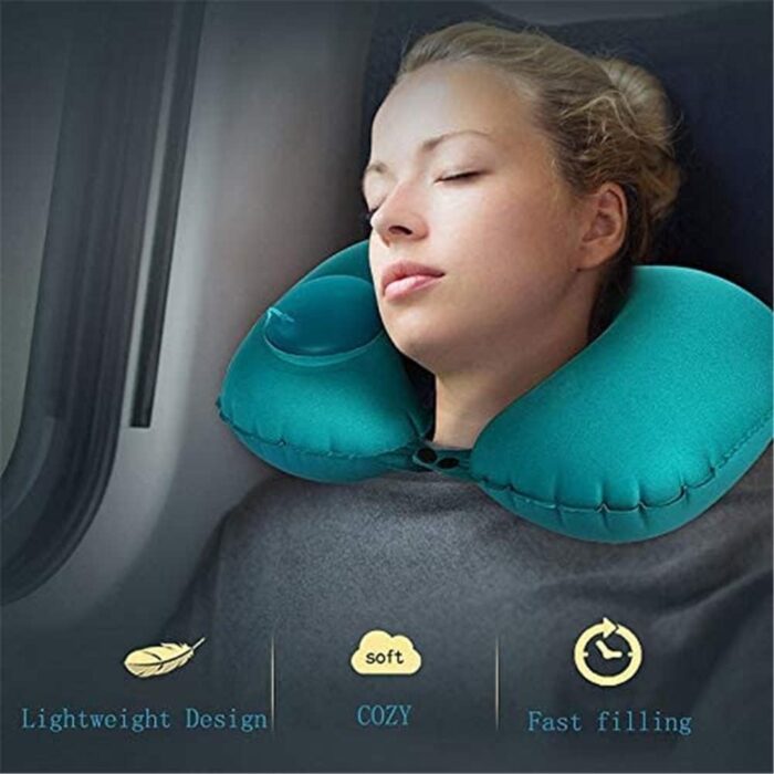 Inflatable Travel Pillow with Built-in Pump - Portable Neck Pillow Fast Blow Up Neck Cushion with Comfy Elasticity Fabric for Neck Support Sleep Rest Airplane Car Office Outdoor & etc. - Green, TZX01 - Image 4