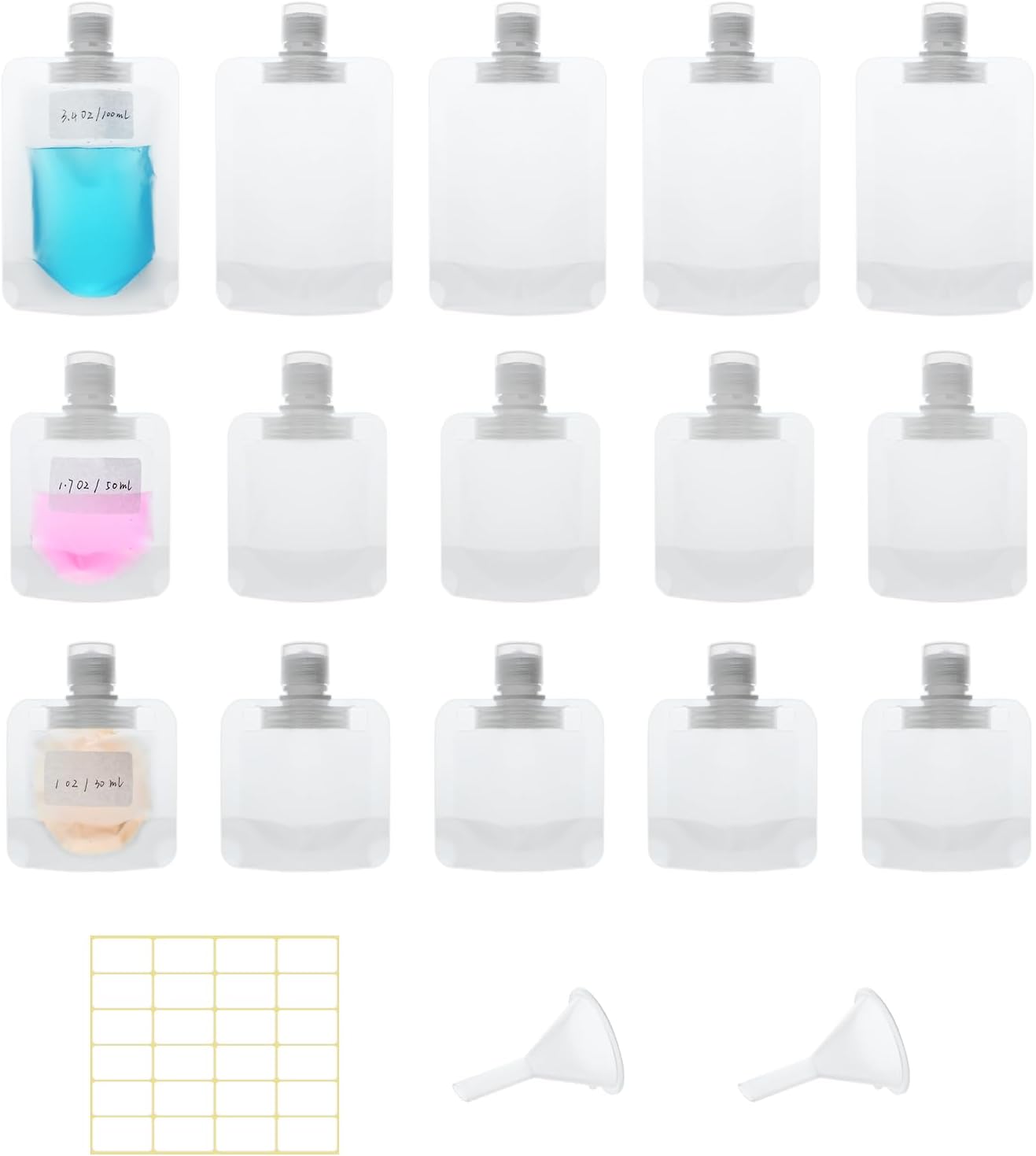 Mulaibdin 15 Pcs Travel Pouches for Toiletries, 30ml/50ml/100ml Leak Proof Squeeze Pouches, Refillable Stand Up Pouches with Labels, TSA Approved Travel Containers for Shampoo, Conditioner