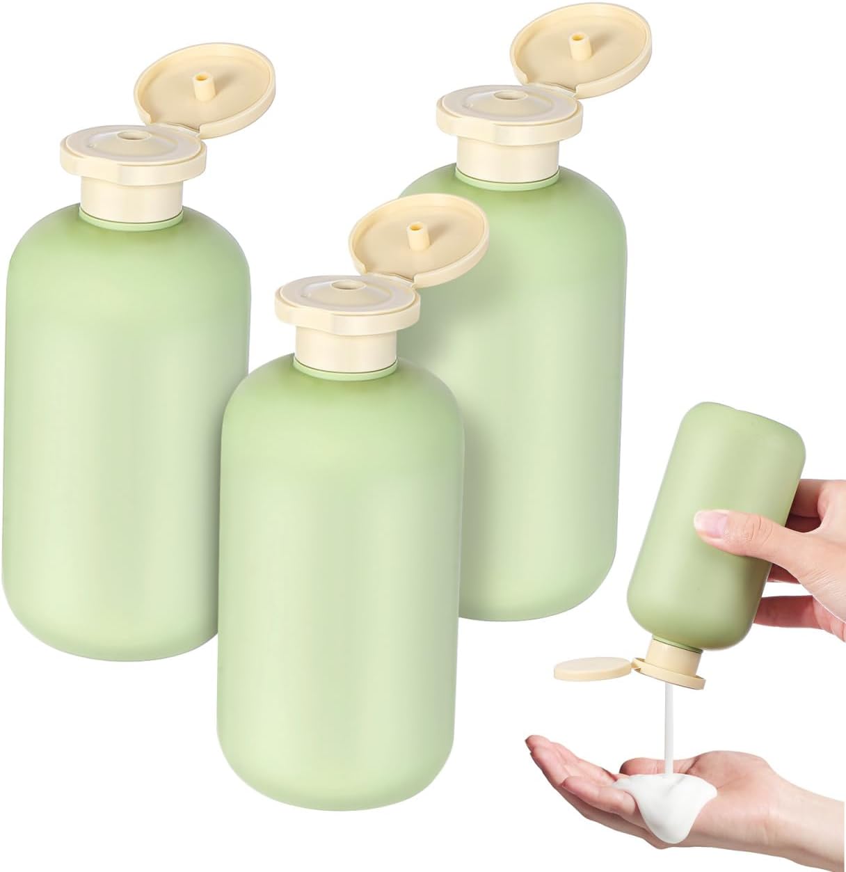 Kichvoe 300ML Refillable Shampoo Conditioner Bottle Squeeze Bottles with Flip Cap Green Shower Bottles Plastic Travel Bottles for Lotion-3PCS