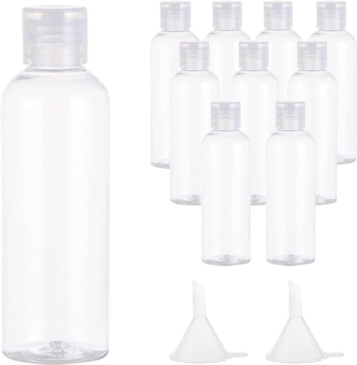 10 Pack Plastic Travel Bottles Set, Clear 100ml/3.4 oz Leak Proof Refillable Squeeze Bottles Flip Cap Empty Bottles with Funnels Labels for Shampoo Conditioner Lotion