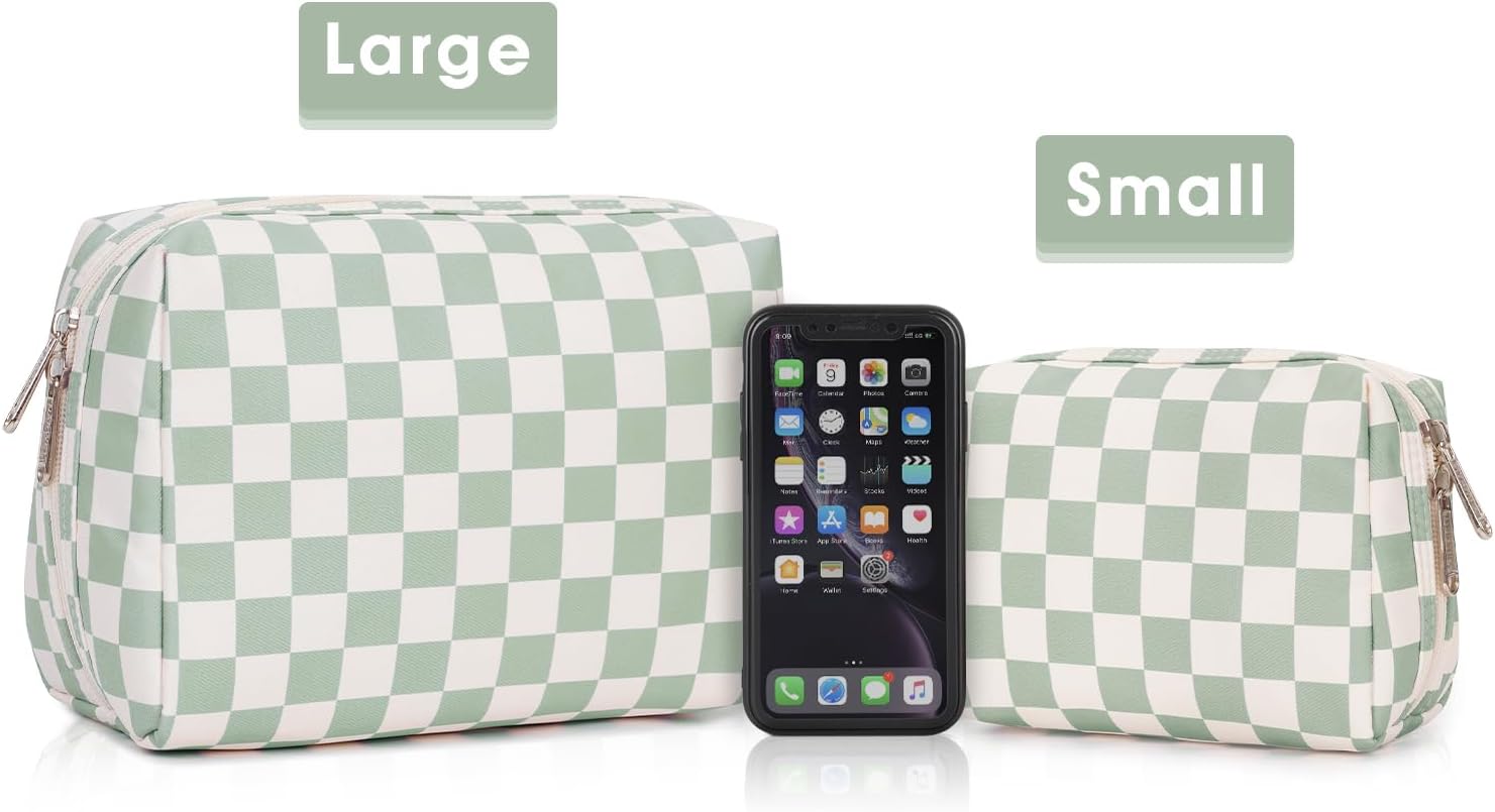Narwey Checkered Makeup Bag Travel Cosmetic Bag Organizer Toiletry Bag Make Up Bags with Compartments for Women Girls (Large, Mint Green Checkerboard) - Image 7