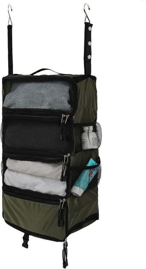 TABITORA Travel Luggage Organizer Hanging Packing Cubes Portable Hanging Shelves Carry on Closet for Suitcase with 2 Hooks,Collapsible (green, Small)