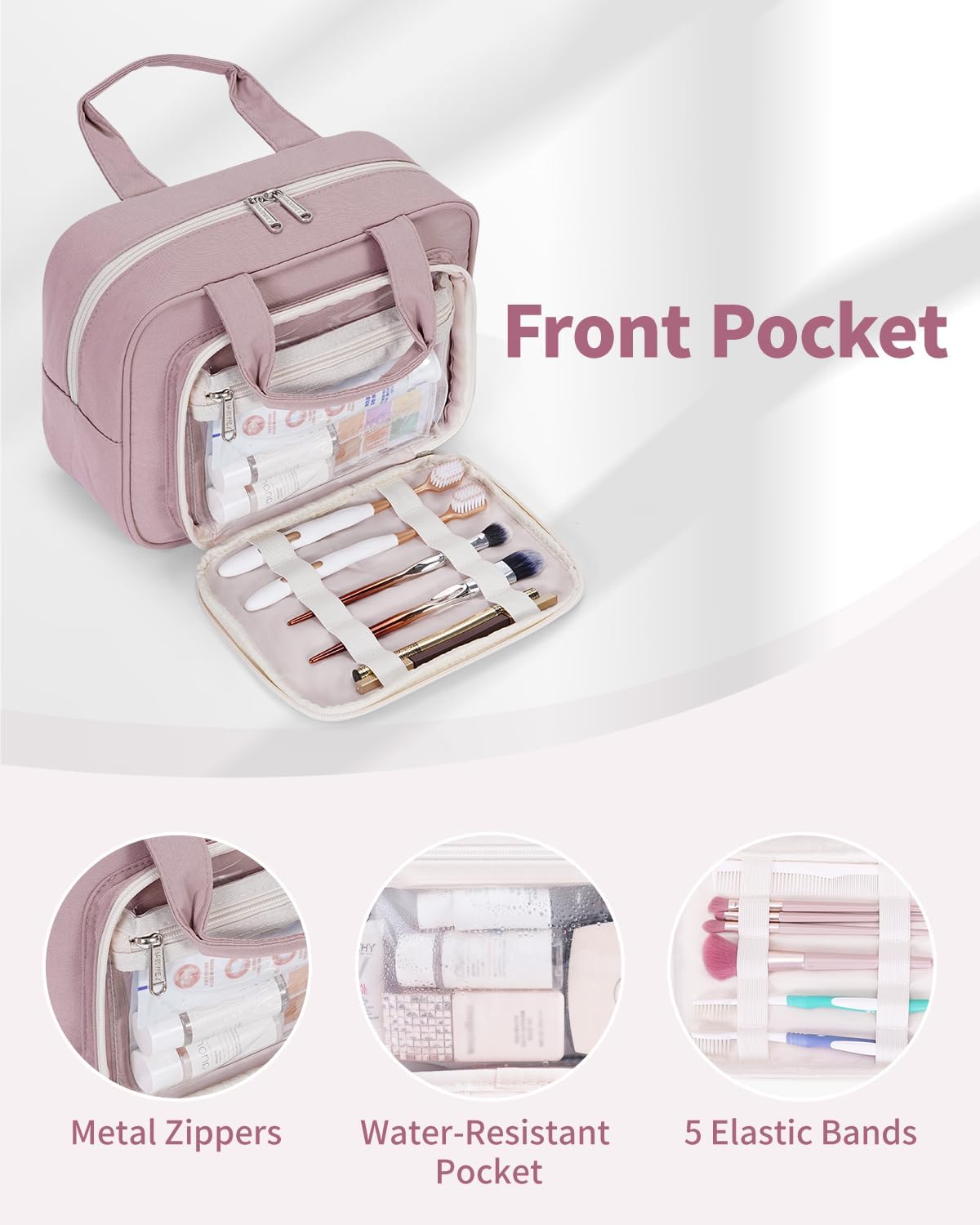 Narwey Full Size Toiletry Bag Women Travel Toiletries Bag Make Up Bag Large Cosmetic Makeup Organizer Bag for Travel Accessories Essentials (Dusty Rose) - Image 4