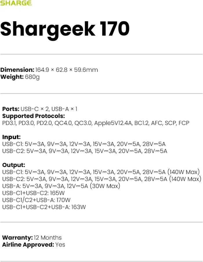 SHARGEEK 170 Power Bank, 170W Output 24,000mAh Portable Charge with Smart Display, IP66 Waterproof with 3 Port Compatible with iPhone 15/14/13 Series, Samsung, MacBook, and More - Image 7
