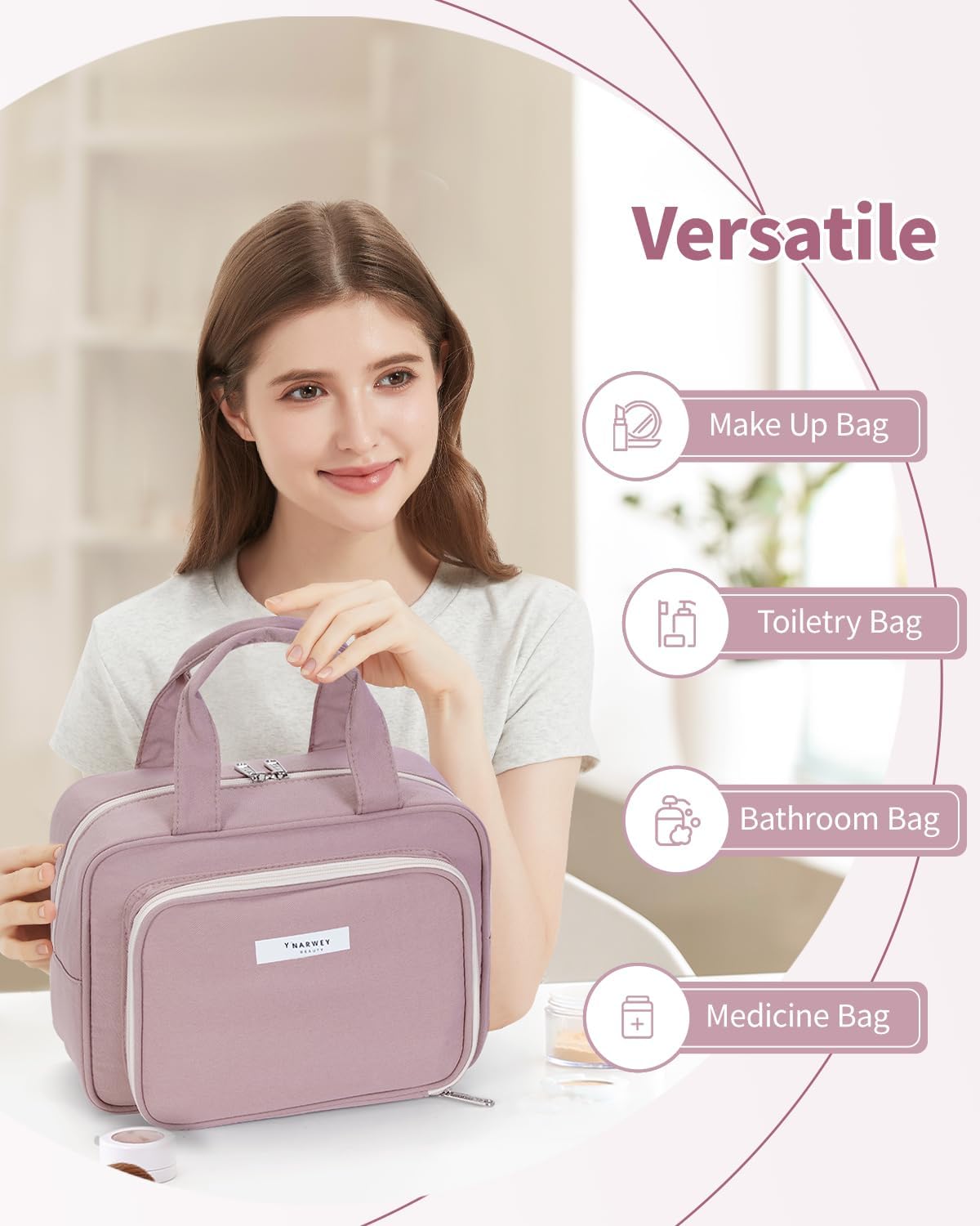 Narwey Full Size Toiletry Bag Women Travel Toiletries Bag Make Up Bag Large Cosmetic Makeup Organizer Bag for Travel Accessories Essentials (Dusty Rose) - Image 7