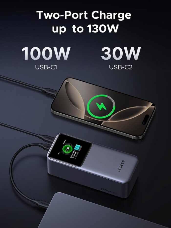 UGREEN 20000mAh Power Bank 130W 3-Port Fast Charger Portable with TFT Smart Display, Compatible with iPhone 16 Series, Galaxy S25 Ultra, MacBook, Dell Laptops, AirPods, iPhone 15-12 & More - Image 6