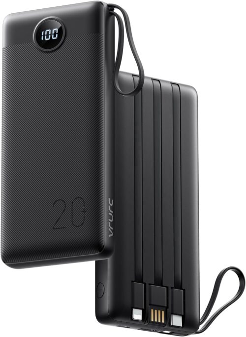 20000mAh Power Bank with Built-in Cables, Portable Charger 22.5W Fast Charging, VRURC Powerbank External Battery Pack 4 Output 2 Input PD & QC LED Display Compatible with iPhone Samsung Tablet,Black