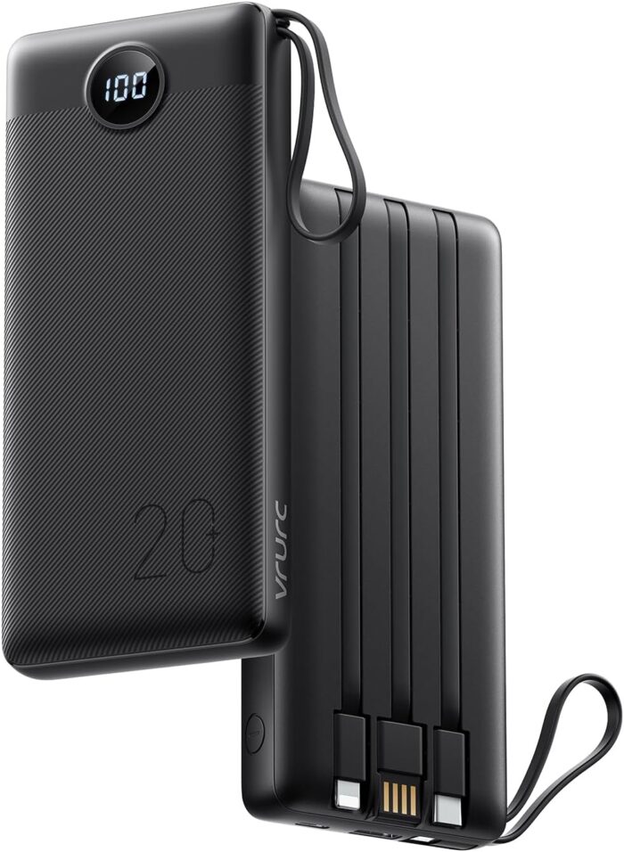 20000mAh Power Bank with Built-in Cables, Portable Charger 22.5W Fast Charging, VRURC Powerbank External Battery Pack 4 Output 2 Input PD & QC LED Display Compatible with iPhone Samsung Tablet,Black