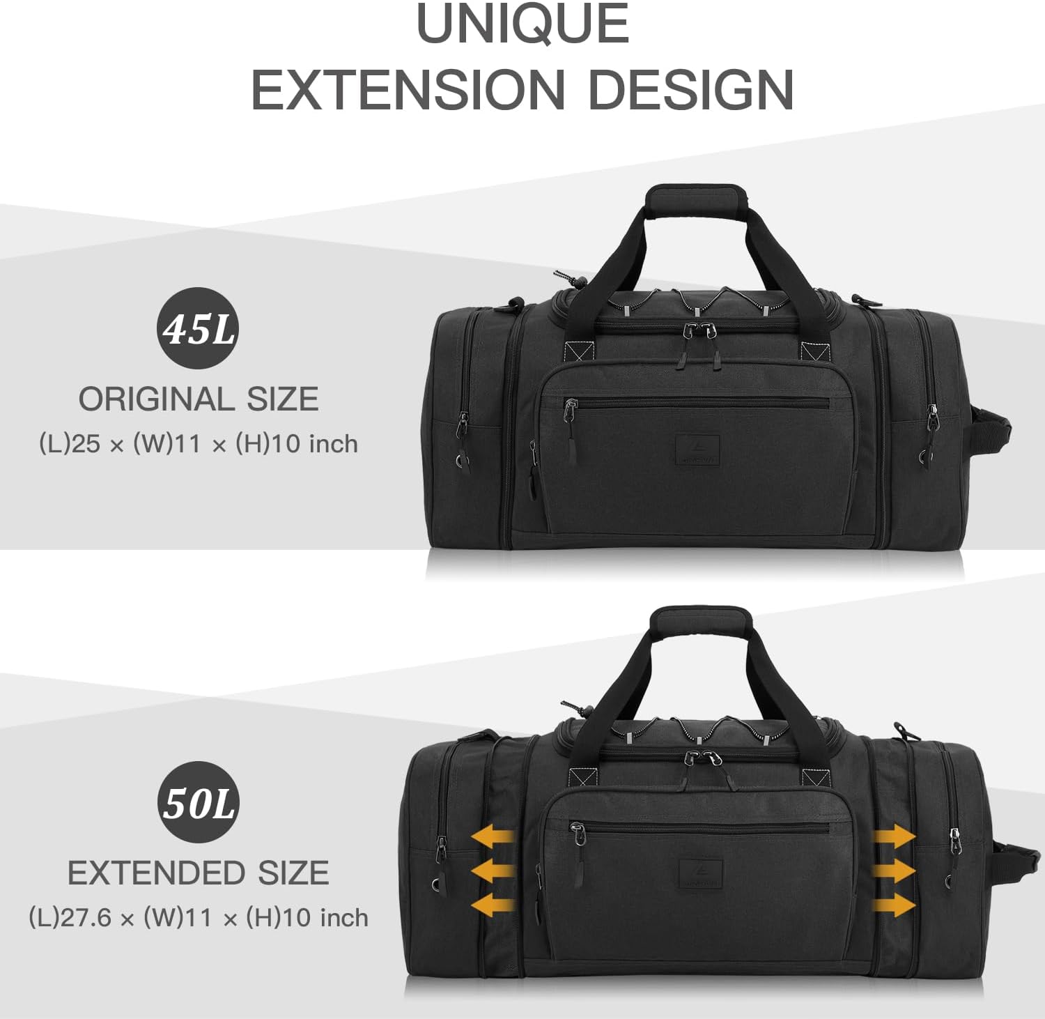 Laripwit Travel Duffle Bag Men with Elastic Mesh Expandable 45-50L Medium Sports Gym Duffel Bag Women with shoulder Strap Multifunctional for Fitness Weekender Overnight Traveling Business Trips Black - Image 3