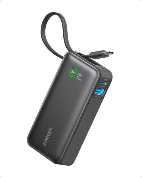 Anker Nano Power Bank, 10,000mAh Portable Charger with Built-in USB-C Cable, 30W Max Output, for iPhone 16/15 Series, MacBook, AirPods, and More