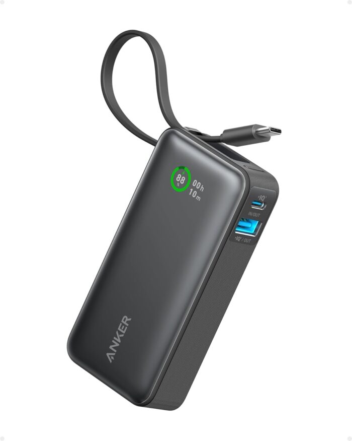 Anker Nano Power Bank, 10,000mAh Portable Charger with Built-in USB-C Cable, 30W Max Output, for iPhone 16/15 Series, MacBook, AirPods, and More