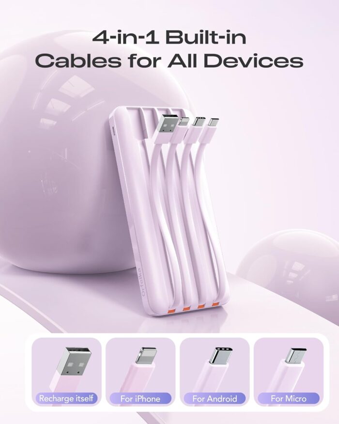 20000mAh Power Bank Fast Charging, Portable Charger with 4 Built-in Cables & 6 Outputs, 20W PD USB C Battery Pack Travel Essential Compatible with iPhone 16/15 Galaxy Google LG iPad & More (Lilac) - Image 2