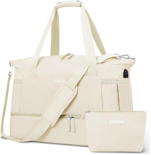 Gym Bag for Women, Sports Travel Duffel Bag with USB Charging Port, Weekender Overnight Bag with Wet Pocket and Shoes Compartment for Women Girls Travel, Gym, Yoga, School (Off White)