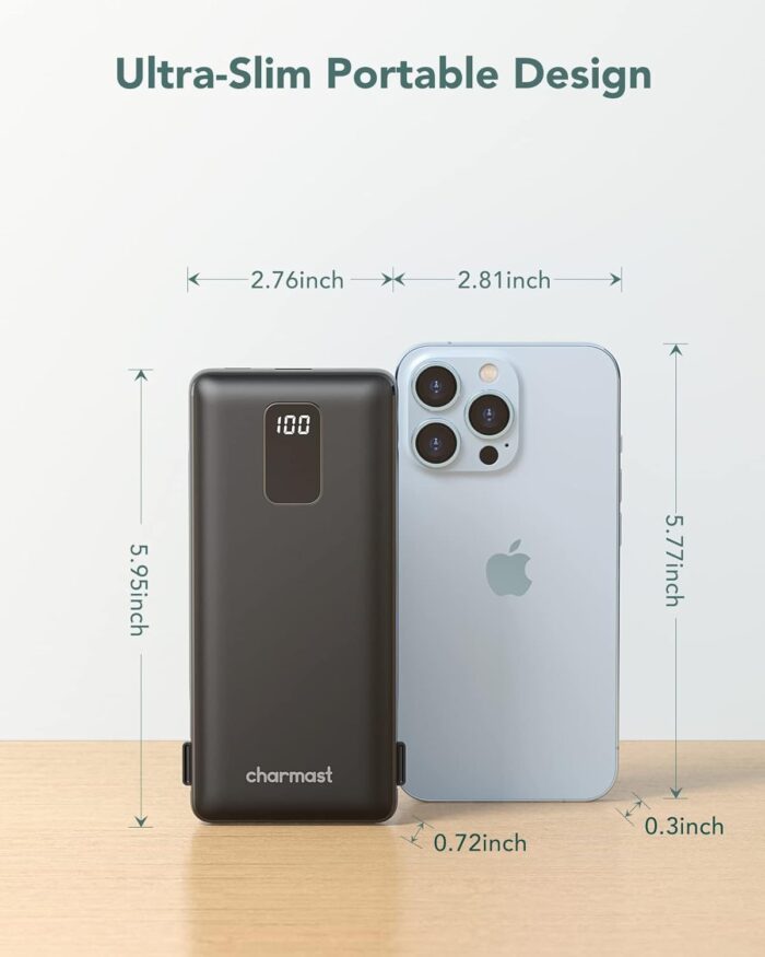 Charmast 10000mAh Portable Charger with Built-in Cables and AC Wall Plug,USB C Battery Pack Power Bank,5 Output 2 Input Battery Pack Compatible with iPhone 16/15/14/13/12,Andriod Series - Image 5