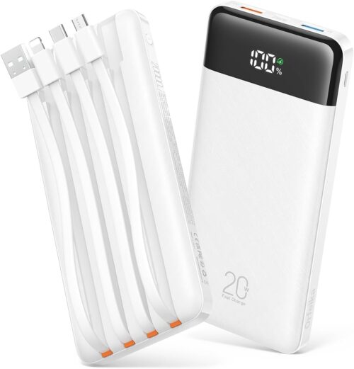 20000mAh Power Bank Fast Charging, Portable Charger with 4 Built-in Cables & 6 Outputs, 20W PD USB C Battery Pack Travel Essential Compatible with iPhone 16/15 Galaxy Google LG iPad & More (White)