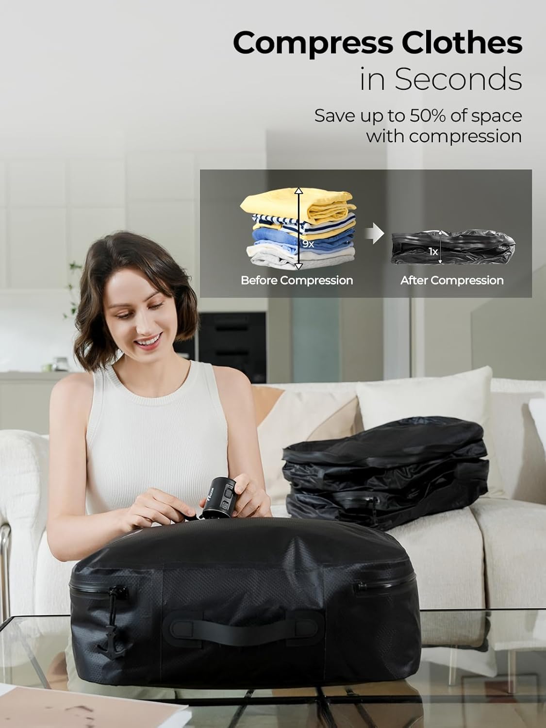 POIXM Vacuum Bags for Travel with Wireless Pump, 180° Open Zipper, IP67 Waterproof, Reusable Space Saver Compression Bags for Backpack, Suitcase, Home Storage(2 Pack + Pump) - Image 3