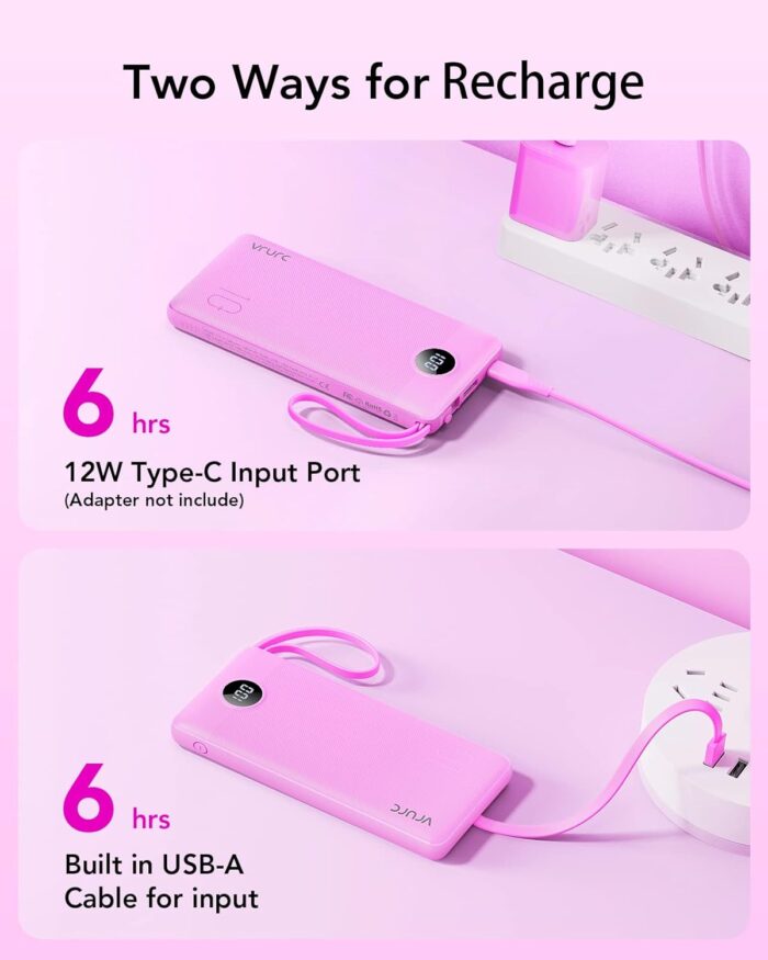 Portable Charger 10000mAh,VRURC Slim LED Display Power Bank, 5 Output 2 Input Cell Phone Battery Pack, Built-in Micro & USB C Cables Phone Charger Compatible with iPhone,Samsung,Android etc-Rose Red - Image 4