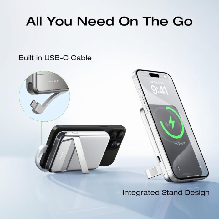 EF ECOFLOW Rapid Power Bank Wireless 5000mAh, Qi2 Certified Ultra-Fast Magnetic Portable Charger with Stand & Built-in USB-C Cables, Battery Pack Compatible with iPhone 16/15, Samsung, iPad, AirPods - Image 5