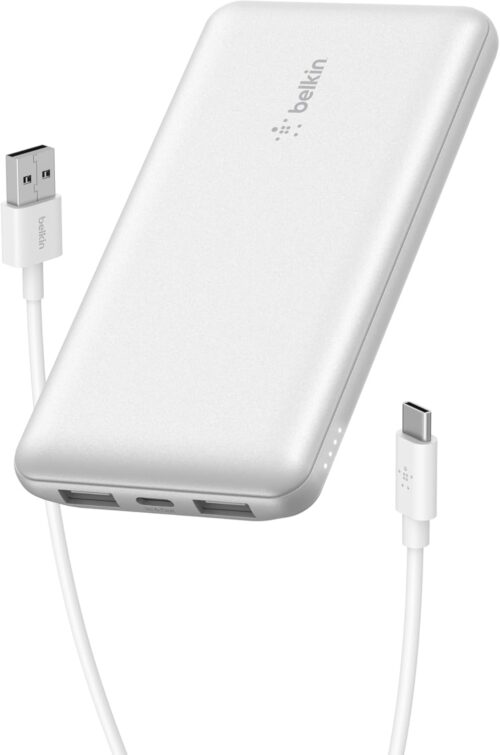 Belkin Portable Charger, USB-C Power Bank 10,000mAh w/ 1xUSB-C Port and 2xUSB-A Ports, 15W w/Type-C to Type-A Cable for iPhone 16, 16 Plus, Samsung Galaxy S25, Nintendo Switch 2 & More - White