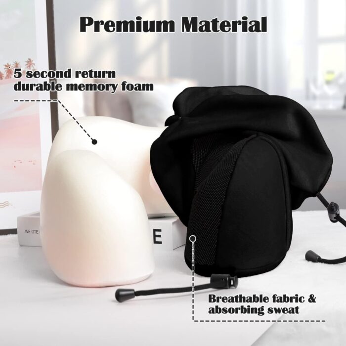 Travel Pillow 100% Pure Memory Foam Neck Pillow, Breathable & Machine Washable Cover, Neck Support Pillow with 3D Contoured Eye Mask, Earplugs & Portable Bag for Airplane Travel (Black) - Image 4