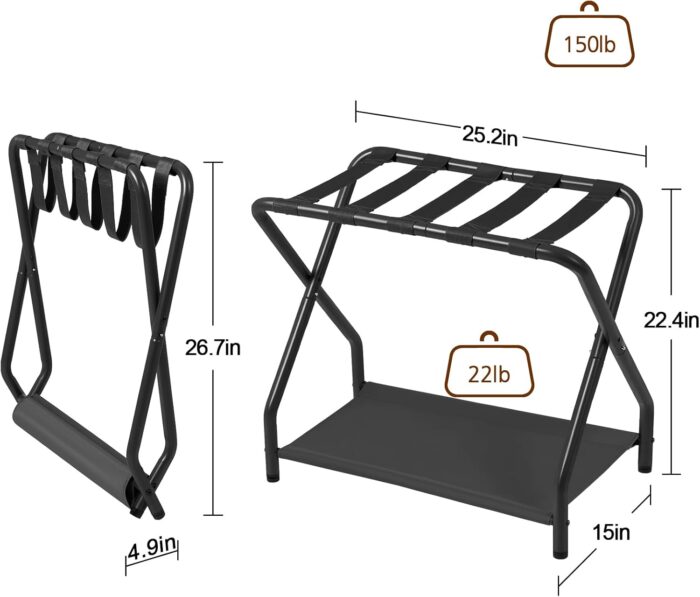 AMHANCIBLE Luggage Rack, Set of 2, Foldable Suitcase Stands for Guest Room, Metal Luggage Holder with Storage Shelf for Bedroom, Hotel, Easy Assemble, Black HLR02BK - Image 5
