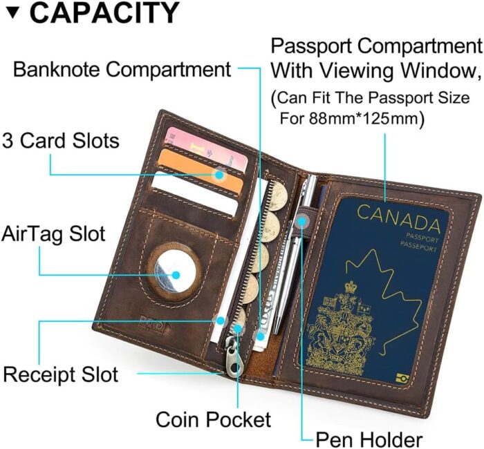 CONTACT'S Full Grain Leather Airtag Passport Holder RFID Blocking Travel Passport Wallet Slim Passport Cover Case with 4 Cards Slots, Coin Pocket (Badge, Brown) - Image 4