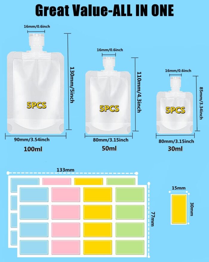 17 Pack Travel Pouches for Toiletries,TSA Approved,Travel Size Portable Containers,Stand Up Pouch,Refillable Travel Accessories for Shampoo Conditioner Lotion Soap Liquids (B-17cs) - Image 2
