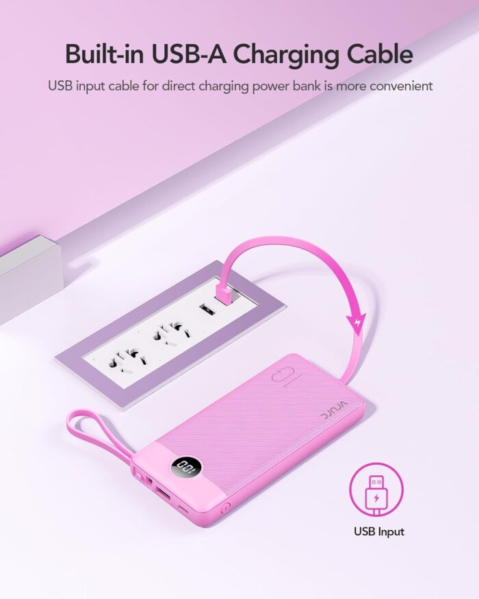 Portable Charger 10000mAh,VRURC Slim LED Display Power Bank, 5 Output 2 Input Cell Phone Battery Pack, Built-in Micro & USB C Cables Phone Charger Compatible with iPhone,Samsung,Android etc-Rose Red - Image 9