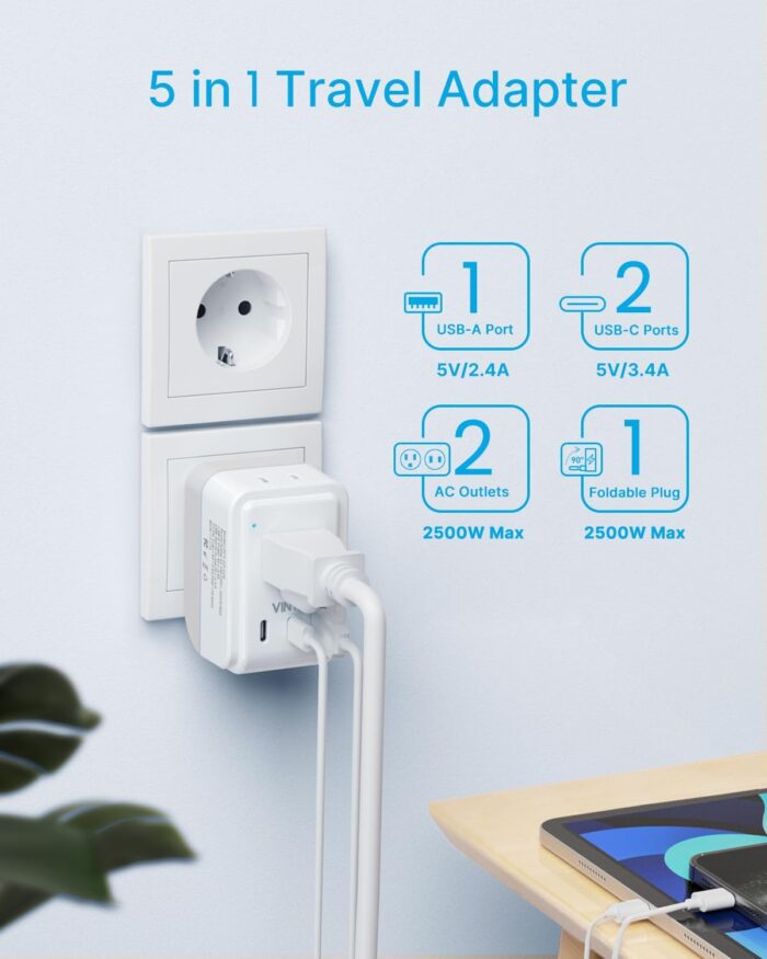 1 Pack European Travel Plug Adapter, VINTAR Foldable International Power Plug with 2 AC Outlets 3 USB Ports(2 USB C), Type C Travel Essentials Charger for Canada to Most of Europe Italy Spain France - Image 5