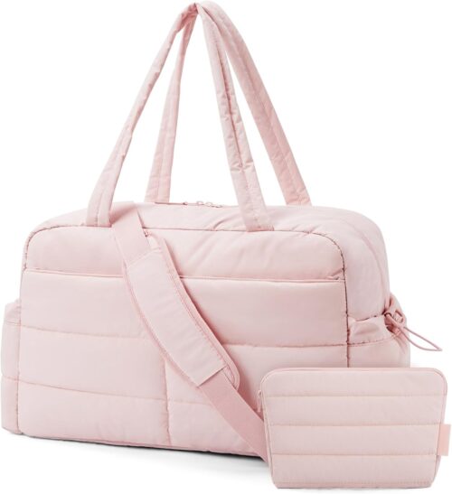 BAGSMART Travel Duffle Bag for Women, 31L Puffer Tote Bag Quilted Laptop Carry on Gym Bag, Weekender Overnight Bag Organizer Duffel Bag for Travel, Pink