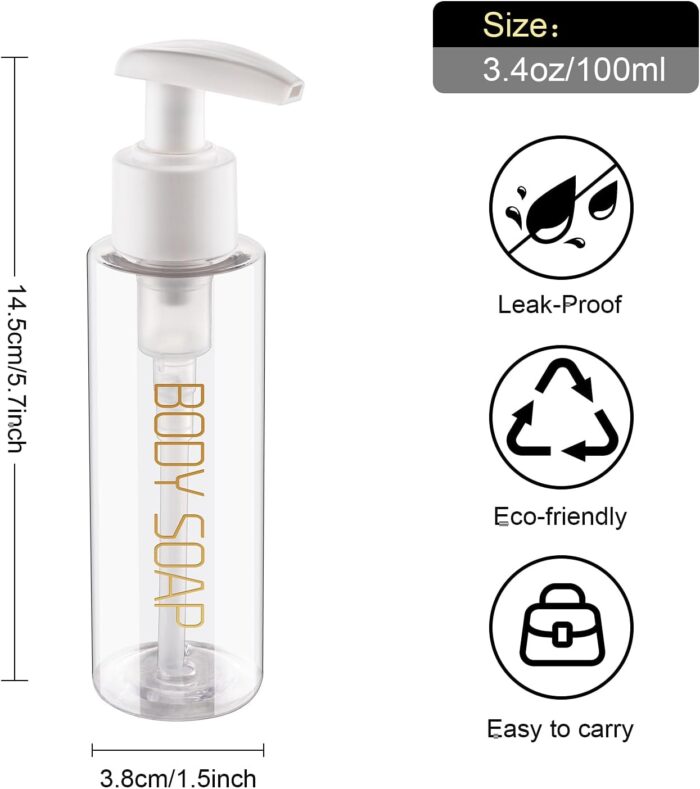 Travel Bottles Plastic Pump Bottle Dispenser Tsa Approved 3.4oz/100ml 4 Pack Travel Refillable Shampoo and Conditioner Bottles Empty Travel Size Bottles for Cosmetic, Lotion, Liquid Soap (clear) - Image 2