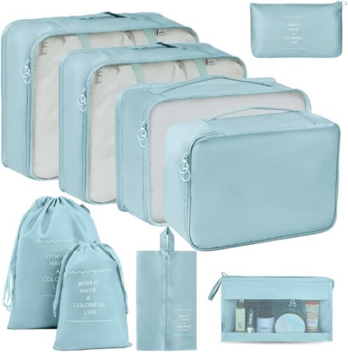 9 Set Packing Cubes for Suitcases, Travel Luggage Organizers, with Clothes Storage Bags, Toiletry Bag, Shoe Bag, Underwear Bag, Laundry Bag, Sock Bag, Accessories Bag (Lake Blue)