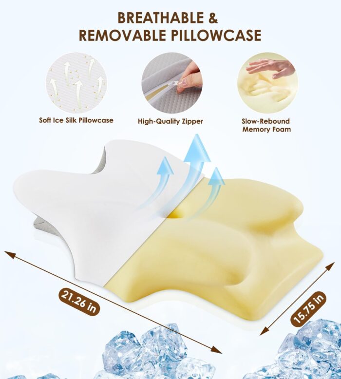 FAIORD Cervical Pillow, Ergonomic Memory Foam Pillow for Sleeping with Washable Pillowcase, Contour Neck Support Pillows for Back Stomach Side Sleeper, 2 Different Heights Cooling Neck Pillow - Image 6