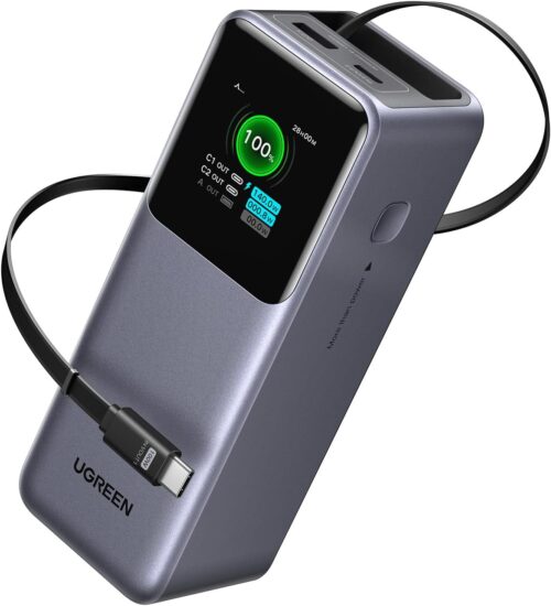 UGREEN 20,000mAh Laptop Power Bank for MacBook, Built-in and 100W Retractable Cables, 165W Portable Charger for Multi-Device Charging, Smart Digital Display, Compatible with iPhone 17 Series and More