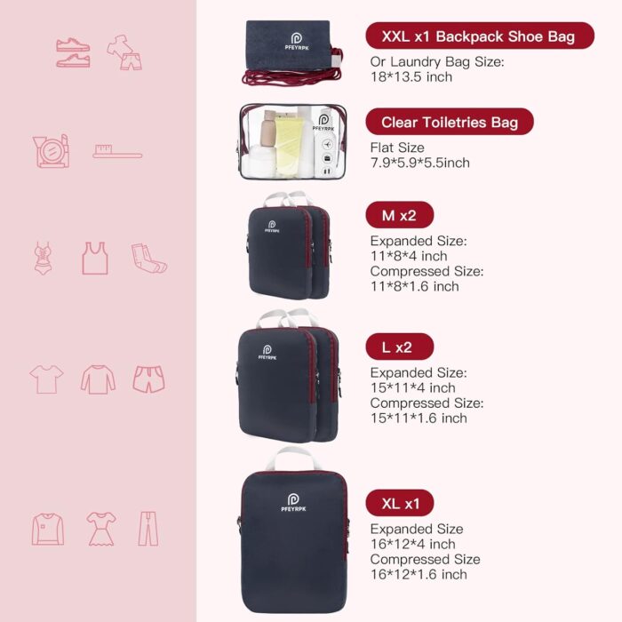 PFEYRPK Ultralight Compression Packing Cubes for Travel,Expandable Packing Organizers for carry on Suitcase With Clear Toiletries Bag and Backpack Bag 7 Set - Image 5