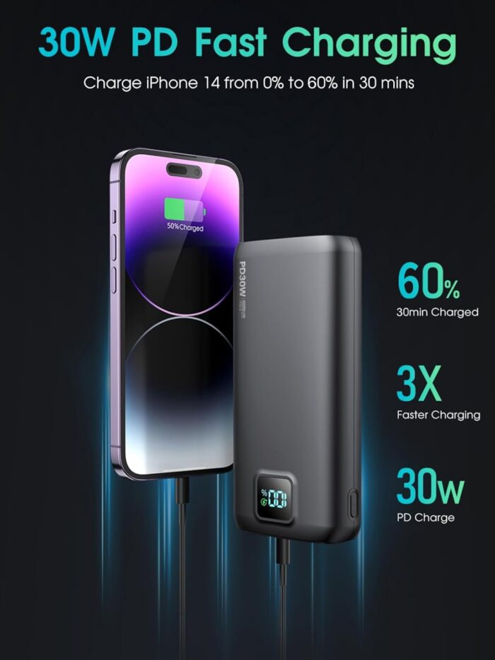 Portable-Charger-Power-Bank - 40000mAh Power Bank PD 30W and QC 4.0 Quick Charging Built-in Bright Flashlight LED Display 2 USB 1Type-C Output for Most Electronic Devices on The Market (Matte Black) - Image 3